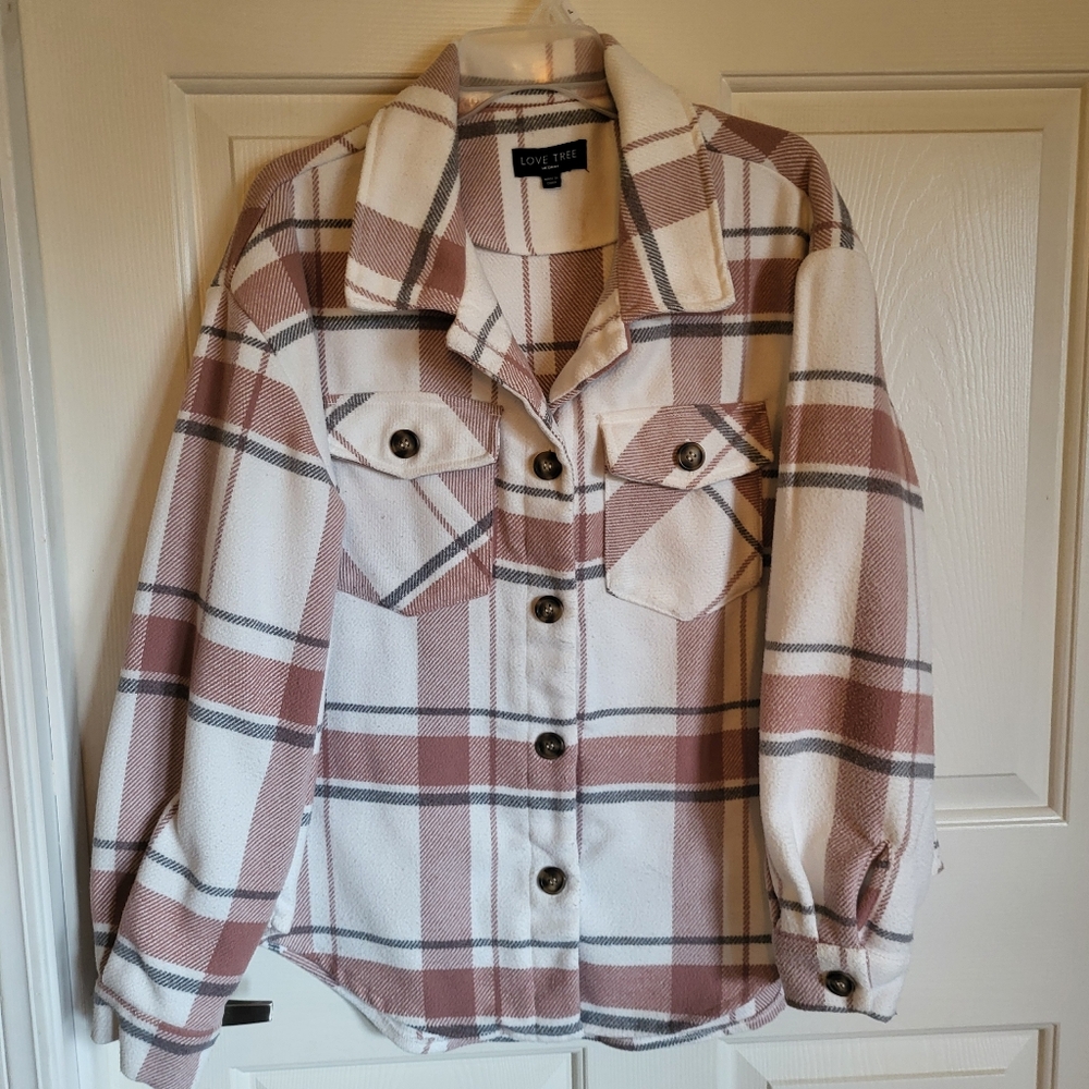 Love Tree Women's Plaid Utility Jacket - Cream/Mauve/Grey